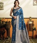Blue color beautiful woven jacquard designer soft silk partywear saree