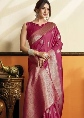 Pink color beautiful woven jacquard designer soft silk partywear saree 2