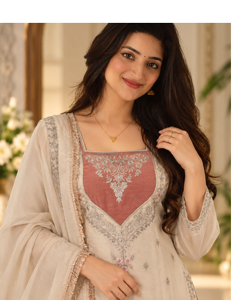 cream color thread and sequence work silk blend salwar kameez 1