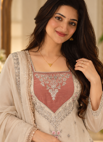 cream color thread and sequence work silk blend salwar kameez