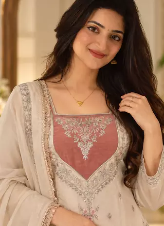 cream color thread and sequence work silk blend salwar kameez