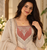 cream color thread and sequence work silk blend salwar kameez