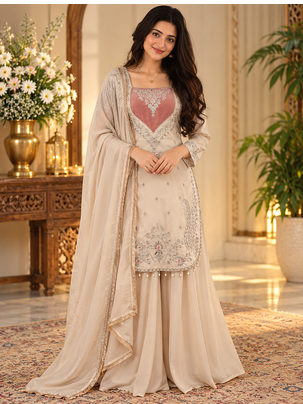 cream color thread and sequence work silk blend salwar kameez 2
