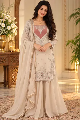 cream color thread and sequence work silk blend salwar kameez