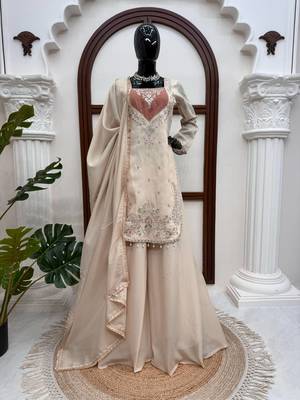 cream color thread and sequence work silk blend salwar kameez 3
