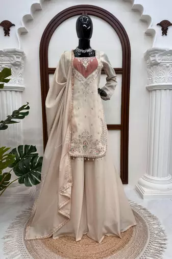 cream color thread and sequence work silk blend salwar kameez