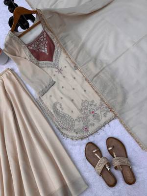 cream color thread and sequence work silk blend salwar kameez 4