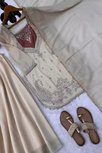 cream color thread and sequence work silk blend salwar kameez