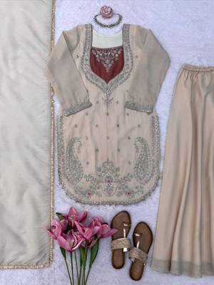 cream color thread and sequence work silk blend salwar kameez 5