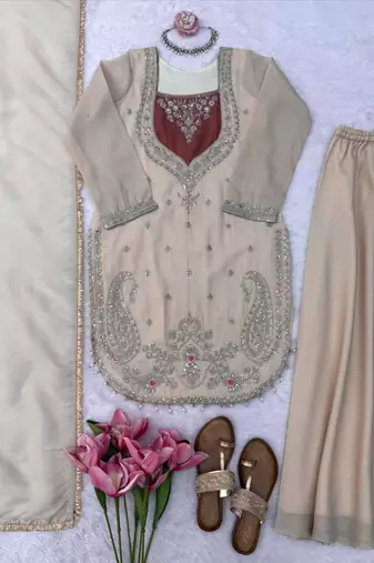 cream color thread and sequence work silk blend salwar kameez
