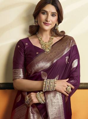 Wine color beautiful woven jacquard designer soft silk partywear saree 2
