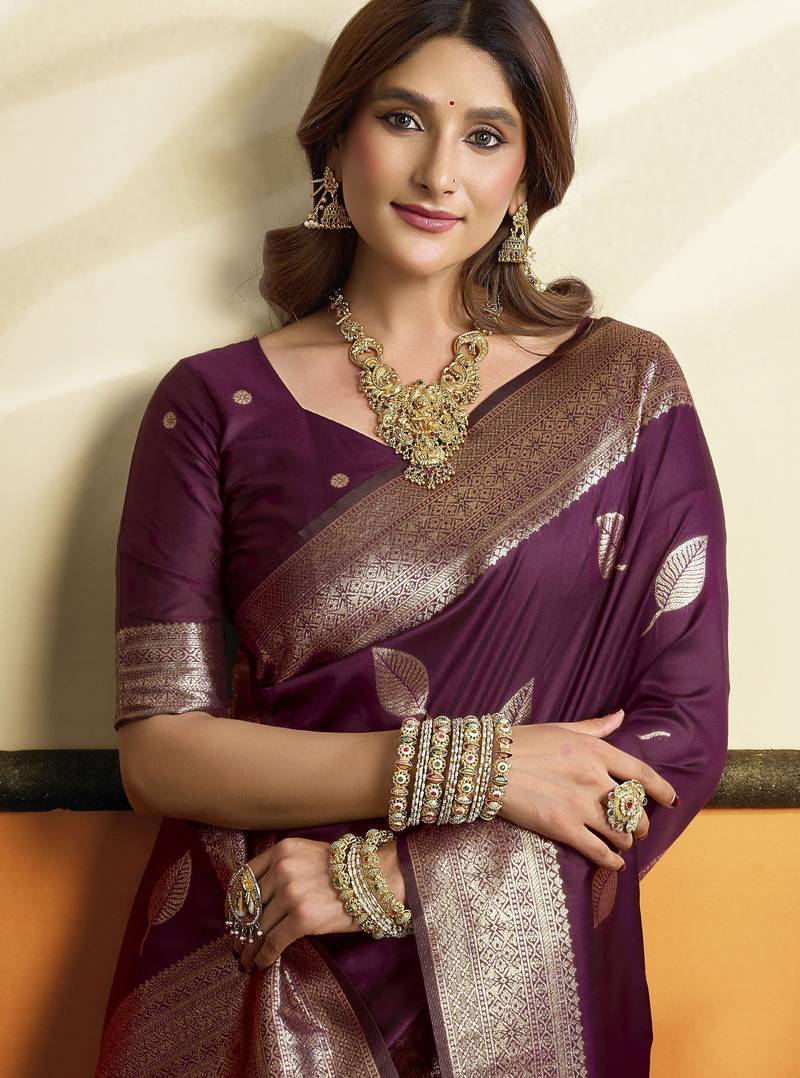 Wine color beautiful woven jacquard designer soft silk partywear saree