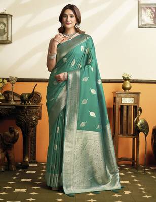 Sea green color beautiful woven jacquard designer soft silk partywear saree 1