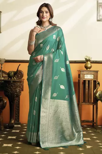 Sea green color beautiful woven jacquard designer soft silk partywear saree