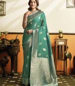 Sea green color beautiful woven jacquard designer soft silk partywear saree