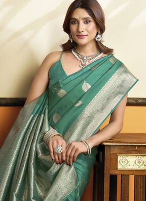 Sea green color beautiful woven jacquard designer soft silk partywear saree 2