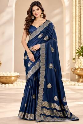 Blue color satin tissue fabric woven jacquard designer rich ceremonial saree 1