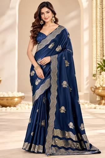 Blue color satin tissue fabric woven jacquard designer rich ceremonial saree