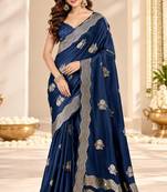Blue color satin tissue fabric woven jacquard designer rich ceremonial saree