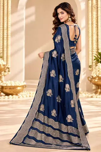 Blue color satin tissue fabric woven jacquard designer rich ceremonial saree