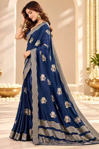 Blue color satin tissue fabric woven jacquard designer rich ceremonial saree