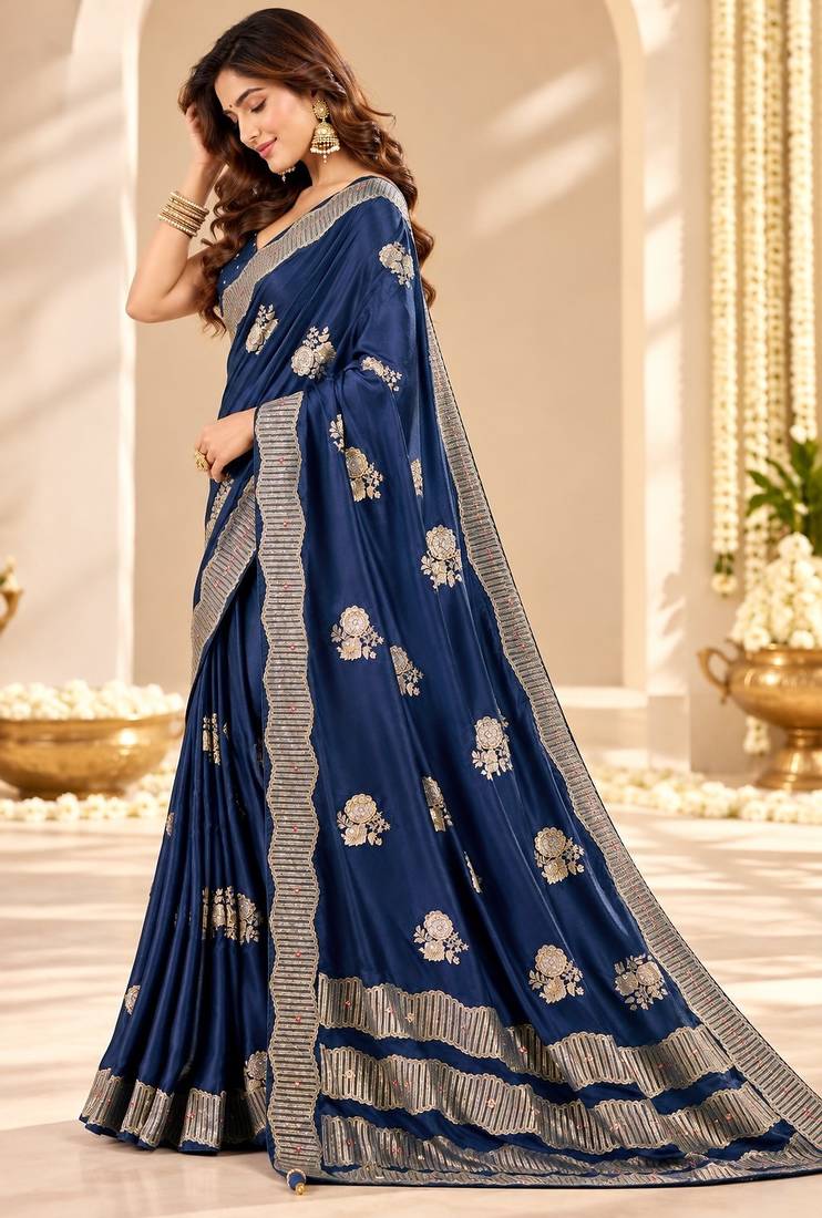Blue color satin tissue fabric woven jacquard designer rich ceremonial saree