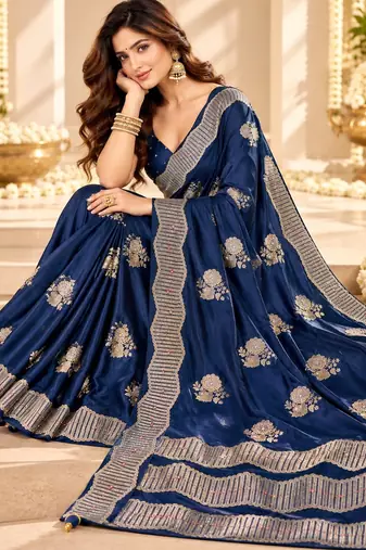 Blue color satin tissue fabric woven jacquard designer rich ceremonial saree