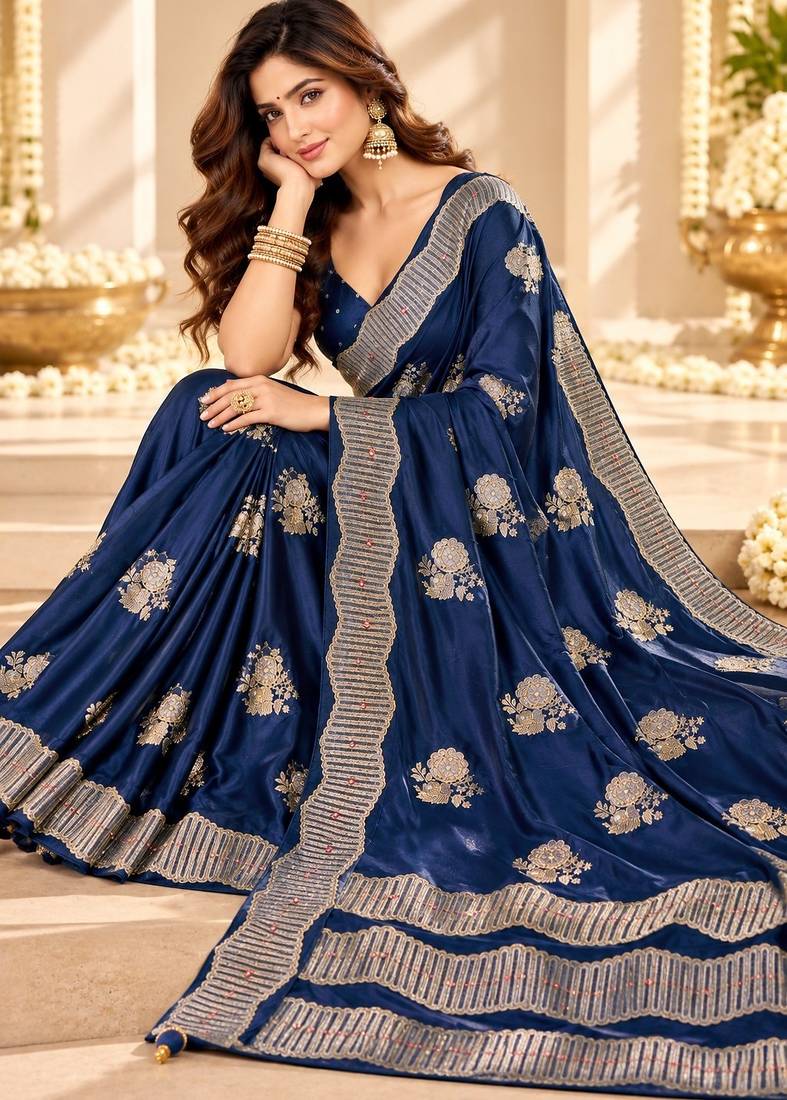 Blue color satin tissue fabric woven jacquard designer rich ceremonial saree