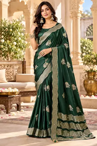 Green color satin tissue fabric woven jacquard designer rich ceremonial saree