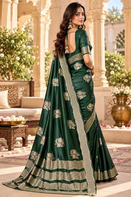 Green color satin tissue fabric woven jacquard designer rich ceremonial saree 2