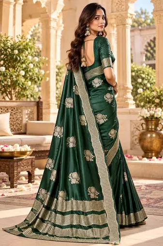 Green color satin tissue fabric woven jacquard designer rich ceremonial saree