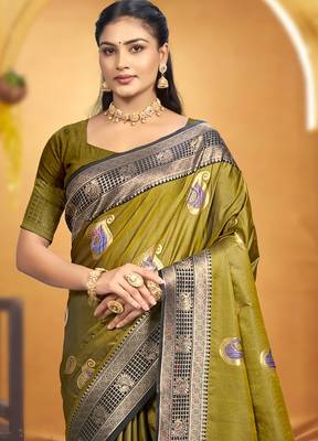 olive green soft silk blend woven designer ethnic partywear fancy designer saree 2