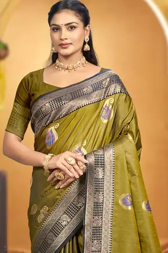 olive green soft silk blend woven designer ethnic partywear fancy designer saree