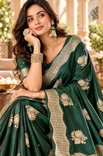 Green color satin tissue fabric woven jacquard designer rich ceremonial saree