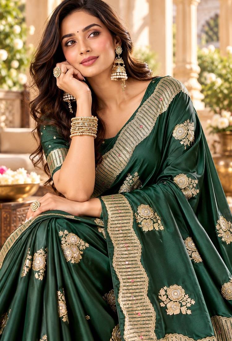 Green color satin tissue fabric woven jacquard designer rich ceremonial saree
