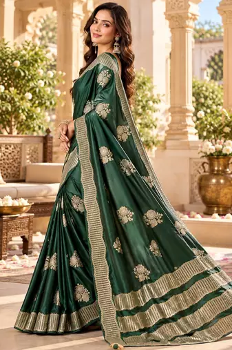 Green color satin tissue fabric woven jacquard designer rich ceremonial saree