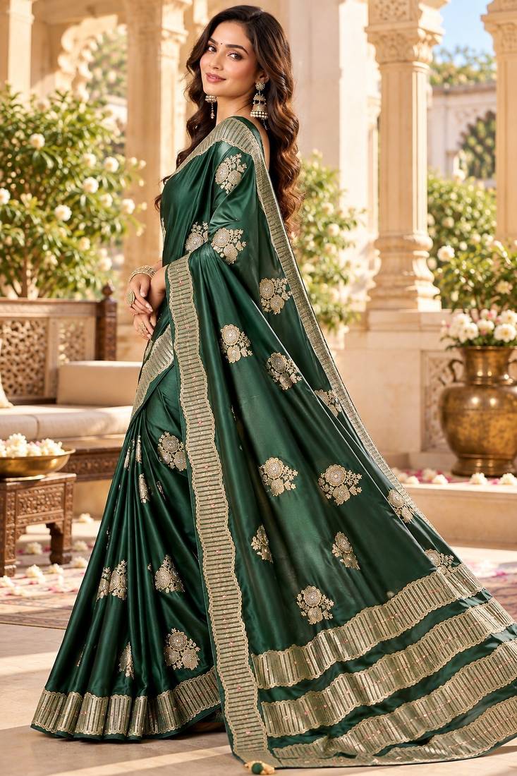 Green color satin tissue fabric woven jacquard designer rich ceremonial saree