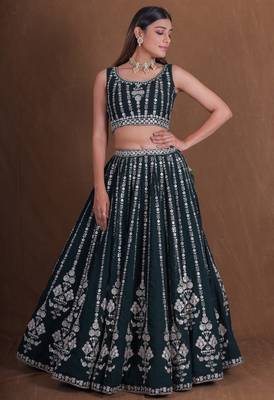 GREEN  GEORGETTE PARTY WEAR EMBROIDERY SEMI STITCHED LEHENGA CHOLI  2