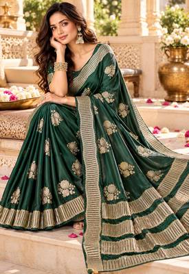 Green color satin tissue fabric woven jacquard designer rich ceremonial saree 5