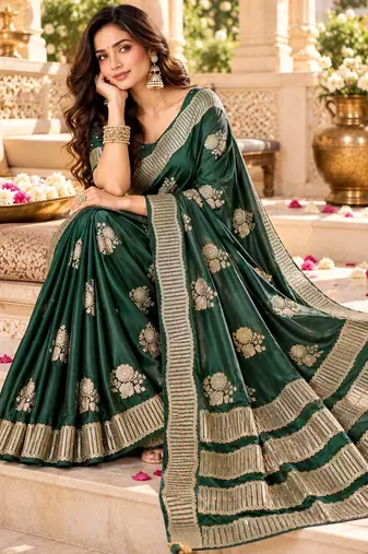 Green color satin tissue fabric woven jacquard designer rich ceremonial saree