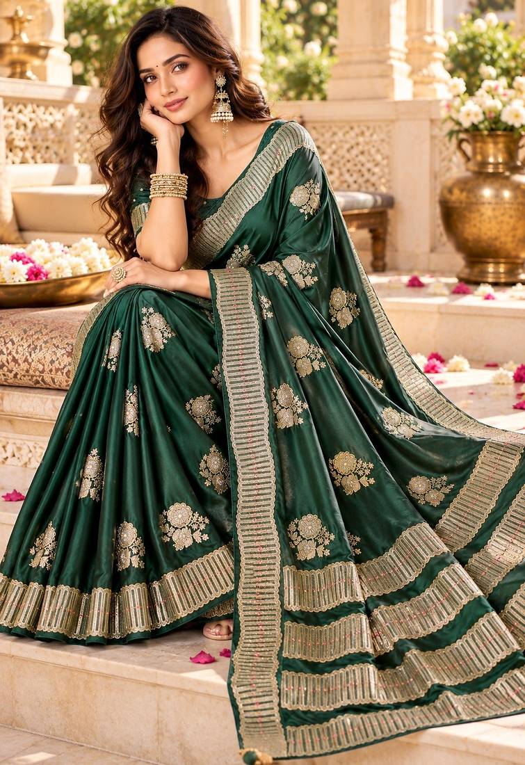 Green color satin tissue fabric woven jacquard designer rich ceremonial saree