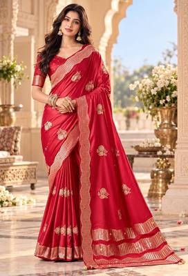 Red color satin tissue fabric woven jacquard designer rich ceremonial saree 1