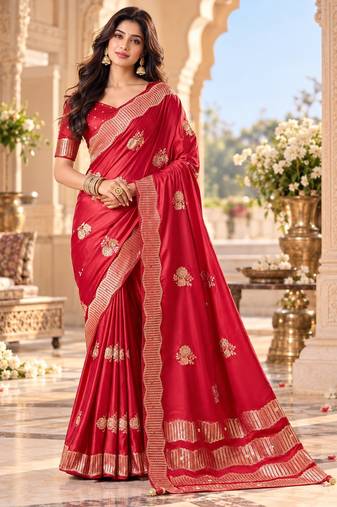 Red color satin tissue fabric woven jacquard designer rich ceremonial saree
