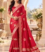 Red color satin tissue fabric woven jacquard designer rich ceremonial saree