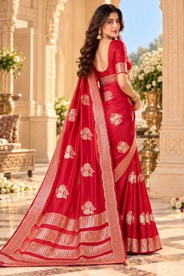 Red color satin tissue fabric woven jacquard designer rich ceremonial saree 2