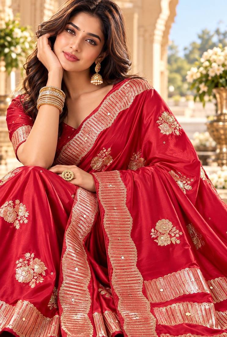 Red color satin tissue fabric woven jacquard designer rich ceremonial saree