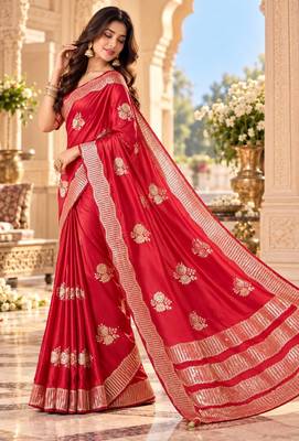 Red color satin tissue fabric woven jacquard designer rich ceremonial saree 4