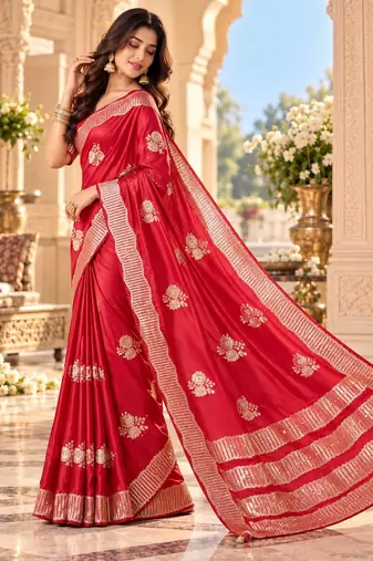 Red color satin tissue fabric woven jacquard designer rich ceremonial saree