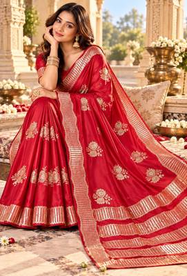 Red color satin tissue fabric woven jacquard designer rich ceremonial saree 5