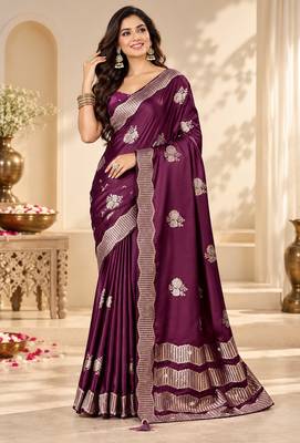 Wine color satin tissue fabric woven jacquard designer rich ceremonial saree 1